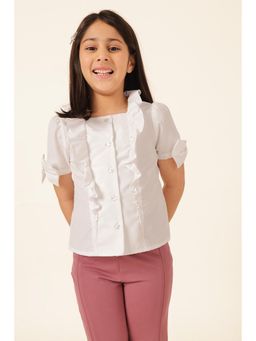 One Friday - Girls White Ruffle Detail Short Sleeve Button-Down Top