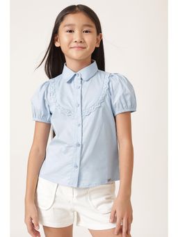 One Friday - Girls Sky Blue Lace Trim Puff Sleeve Shirt
