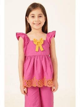 One Friday - Girls Pink Schiffly Poplin Top with Embroidery