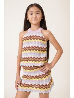 One Friday - Girls Multicolor Zigzag Knit Round Top
