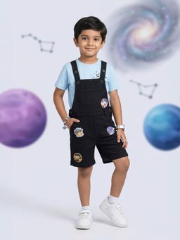 KiddoPanti - Boys Denim Dungaree with Space and Rocket Woven Badge Patches