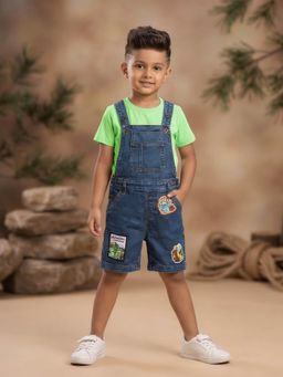 KiddoPanti - Boys Denim Dungaree with Adventure Woven Badges