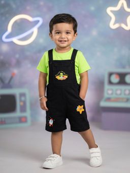 KiddoPanti - Boys Denim Dungaree with Space Rocket and Galaxy Applique