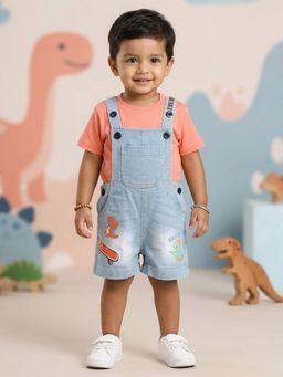 KiddoPanti - Boys Denim Dungaree with Dino Skate Print