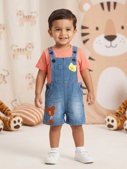 KiddoPanti - Boys Denim Dungaree with 3D Bear and Tiger Applique