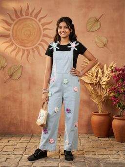 KiddoPanti - Girls Bow Strap Denim Dungaree with 3D Floral Applique