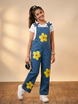 KiddoPanti - Girls Denim Dungaree with Adjustable Bow Strap