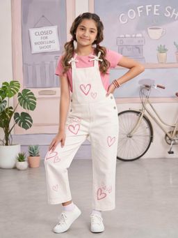 KiddoPanti - Girls Bow Adjustable Strap Denim Dungaree with Heart Print