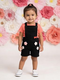 KiddoPanti - Girls Denim Dungaree with Floral Applique