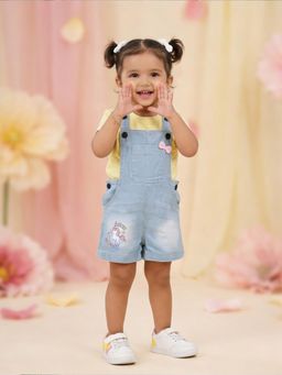 KiddoPanti - Girls Denim Dungaree with Unicorn Print