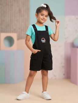 KiddoPanti - Boys and Girls Denim Cargo Dungaree Shorts with Boombox with headset Print