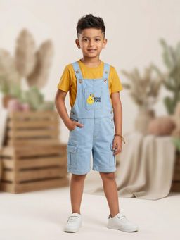 KiddoPanti - Boys and Girls Denim Cargo Dungaree Shorts with Natural Food Print