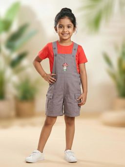 KiddoPanti - Boys and Girls Cotton Twill Cargo Dungaree Shorts with Mushroom Print