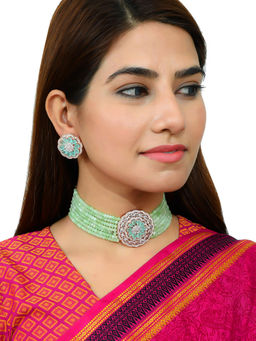 Silvermerc Designs - Gold Plated Green & White Cz Studded Choker Jewelry Set ( Set of 2)