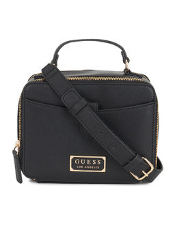 Guess - Women Black Textured Sling Bag with Detachable Strap