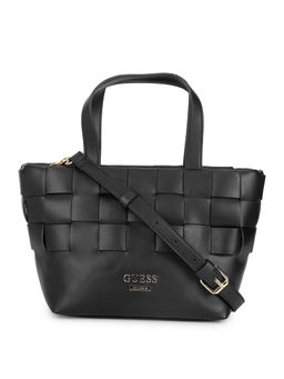 Guess - Women Black Textured Satchel Bag with Detachable Strap