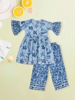 Bella Moda - Blue Cotton Woven Floral Printed Kurta with Pant