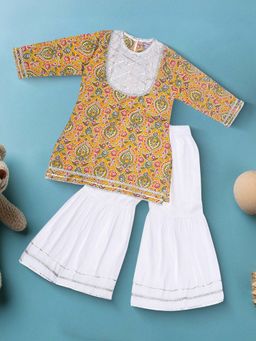 Bella Moda - Mustard Cotton Woven Floral Printed Kurta with Sharara