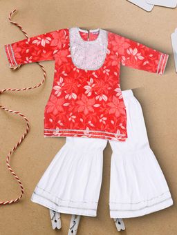 Bella Moda - Red Cotton Woven Floral Printed Kurta with Sharara