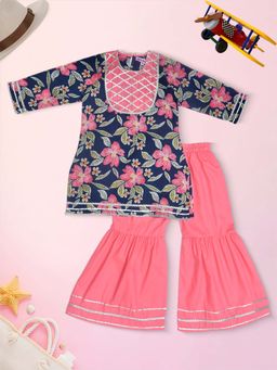 Bella Moda - Navy Blue Cotton Woven Floral Printed Kurta with Sharara