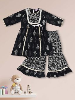 Bella Moda - Black Cotton Woven Floral Printed Kurta with Sharara