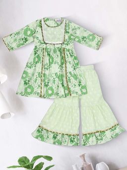 Bella Moda - Green Cotton Woven Floral Printed Kurta with Sharara