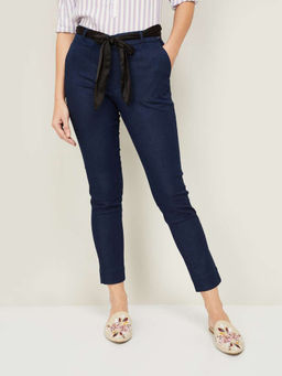 Xpose - Women Navy Blue Solid Slim Fit Denim Jeggings with Satin Belt (Set of 2)