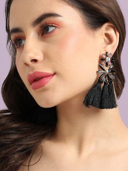 Sohi - Women Black Crystal Tassel Drop Earrings