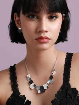 Sohi - Women Black & Silver Textured Square Jewellery Set