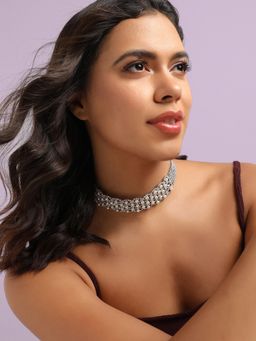 Sohi - Women Silver Pearl Crystal Choker Necklace