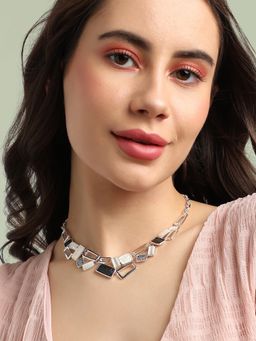 Sohi - Women Black & Silver Dented Geometrical Necklace