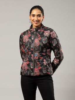 Label Ritu Kumar - Black Floral Puffer Slit Pocket Jacket