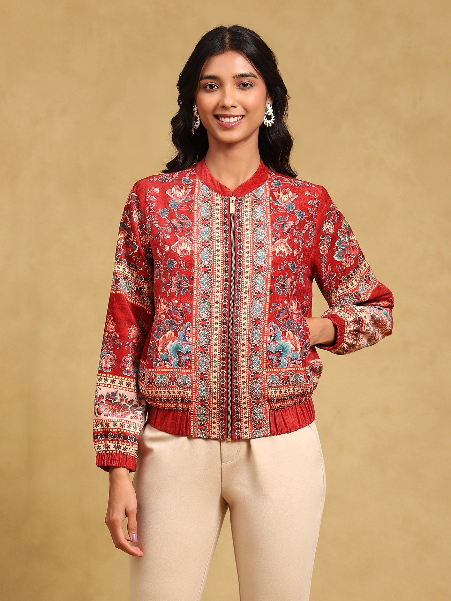 Red Printed Velvet Bomber Jacket-picture-29