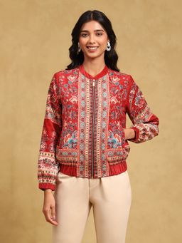 Label Ritu Kumar - Red Printed Velvet Bomber Jacket
