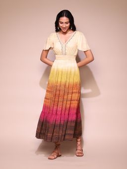 Label Ritu Kumar - Multi-Color Embroidered Flared Sleeves Maxi Dress