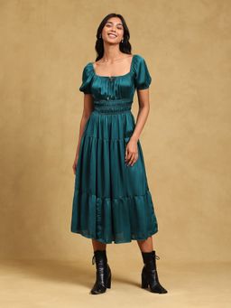Label Ritu Kumar - Teal Solid Square Neck Satin Dress