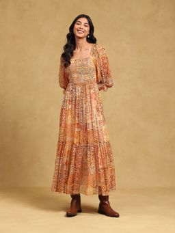 Label Ritu Kumar - Orange Printed Square Neck Maxi Dress