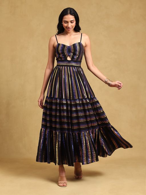 Buy Label Ritu Kumar Black Striped Sleeveless Maxi Dress Online
