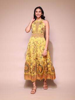 Label Ritu Kumar - Yellow Floral Halter Neck Maxi Dress