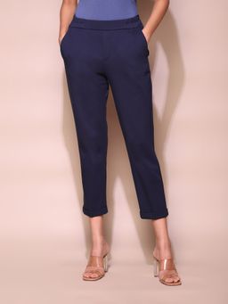 Label Ritu Kumar - Navy Blue Solid Casual Cropped Pant