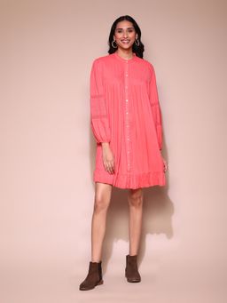 Label Ritu Kumar - Coral Full Sleeves Short Dress and Inner (Set of 2)