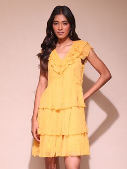 Label Ritu Kumar - Mustard V-Neck Ruffle Sleeves Short Dress