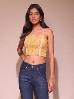 Label Ritu Kumar - Yellow Embroidered Crop Top