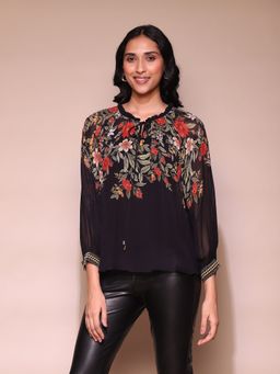 Label Ritu Kumar - Black Floral Round Neck Top With Inner (Set of 2)