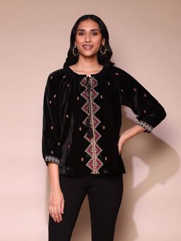 Label Ritu Kumar - Black Round Neck Embroidered Velvet Top