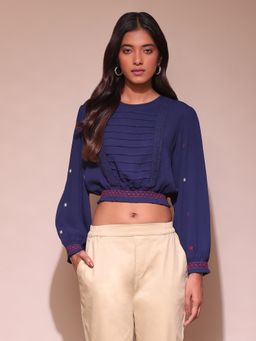 Label Ritu Kumar - Navy Blue Embroidered Crop Top
