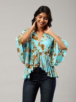 Label Ritu Kumar - Blue Printed Flared Sleeves Top