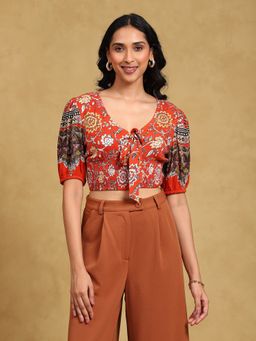 Label Ritu Kumar - Red Tie Up Neck Printed Short Top