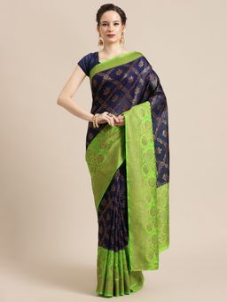 Banarasi Silk Works - Dupion Woven Saree Navy Blue with Unstitched Blouse