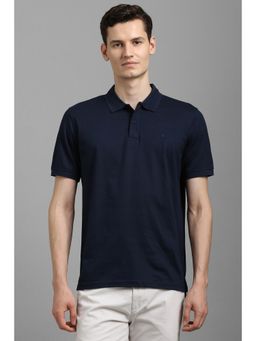 Louis Philippe - Men Navy Blue Cotton Collar Neck Polo T-Shirt